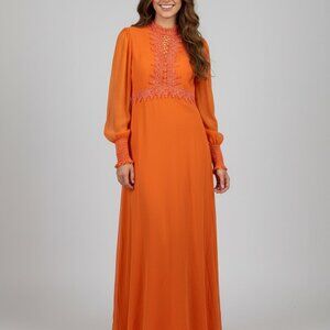Vintage 1970s Orange Boho Prairie Dress Lace Keyhole Neck – Size S